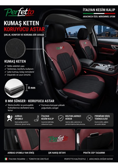 Perfetto Serisi Lüks Keten Üniversal Oto Koltuk Kılıfı - 5 Koltuk Tam Set Bordo