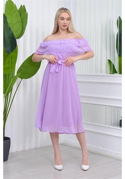 Neşeli Butik Kadın Carmen Yaka Astarlı Şifon Elbise Ry8060 - Lila Lila