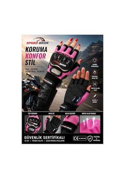 Probiker Motosiklet Eldiveni Darbe Korumalı Ce Sertifikalı Yarım Parmak Motor Bisiklet Eldiveni Pembe