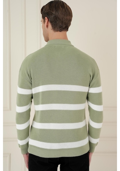 Efor Slim Fit Çizgili Fermuarlı Polo Yaka Yeşil Triko Kazak Tr 877 Yeşil