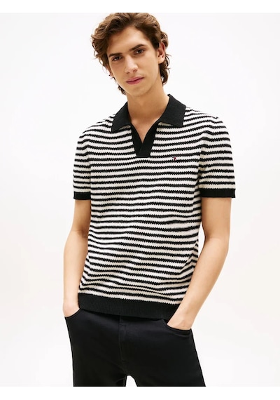 Tommy Hilfiger Örgü Dokulu Keten İplik Dokuma Polo T-shirt Siyah