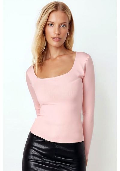 Armonika Kadın Pudra Kare Yaka Likralı Triko Bluz Arm-26k069002