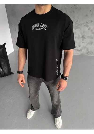 Suma Unisex Oversize Siyah Baskılı T-shirt - Xl Beden