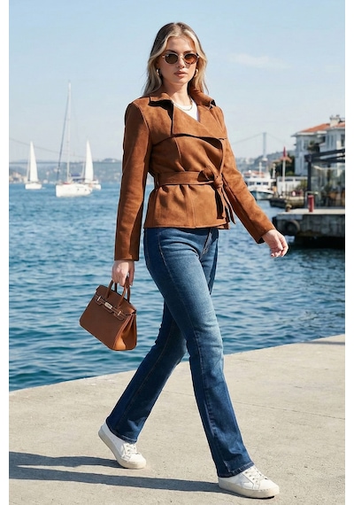 Lela Regular Fit Kruvaze Yaka Kuşaklı Süet Dokulu Bayan Ceket 6839640 Taba