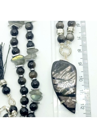 Sibelce 2223 Hypersthene Gümüş Obsidyen Labradorit El Yapımı Kolye Çok Renkli