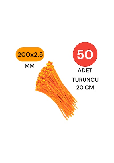 Tek-iş Plastik Kablo Bağı Klipsi Cırt Kelepçe 200 Mm X 2.5 Mm Turuncu 50 Adet