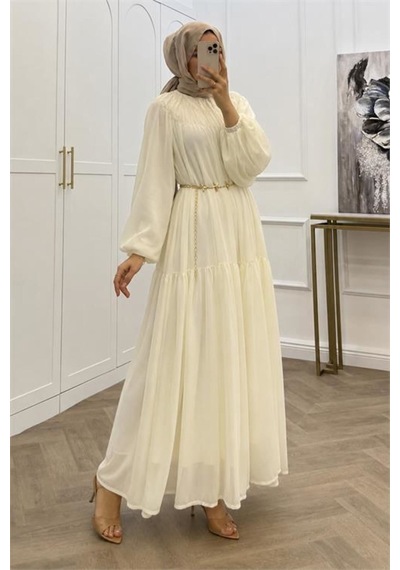 Neşeli Butik Kadın Beyaz Balon Kol Astarlı Kuşak Detaylı Şifon Tesettür Elbise ---- Nms095 Neşeli Butik Kadın Beyaz Balon Kol Astarlı Kuşak Detaylı Şifon Tesettür Elbise ---- Nms095