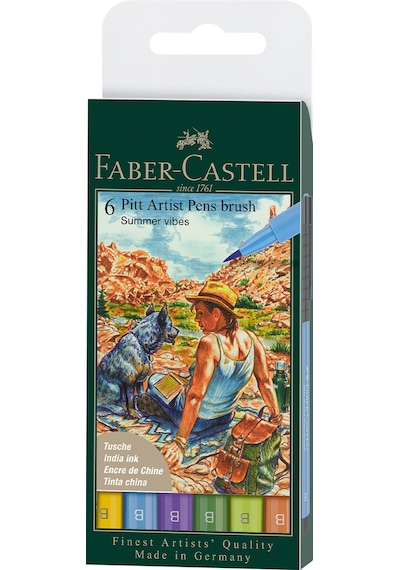 Faber-Castell Pitt Artist Pen Fırça Uçlu Kalem Seti, 6'lı Yaz, Işığa Dayanıklı, Su Geçirmez, Kalıcı Mürekkep
