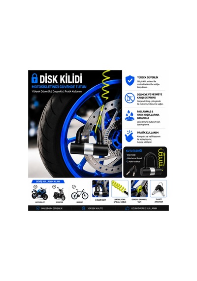 781mv 12x11 Cm Boy 16mm Çapında Motosiklet Disk Kilidi Kelepçeli Çelik U-bar Ve Yeşil Hatırlatma Kablosu