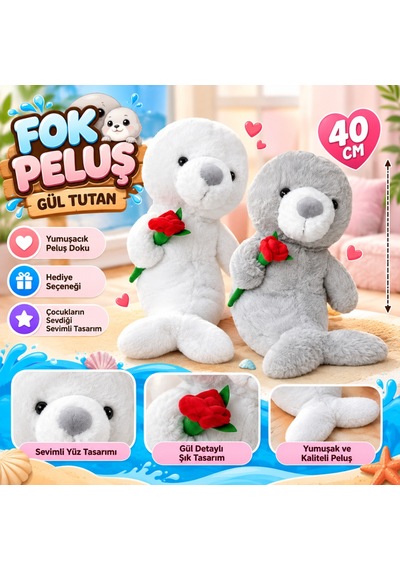 Pl50252 40 Cm Fok Gül Tutan Peluş Fok Oyuncak Gri