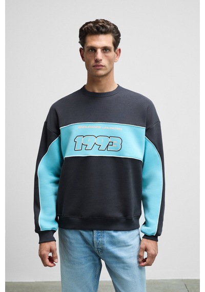 Grimelange MONTY Erkek Yuvarlak Yaka Baskılı Omuzları Yeşil Renkte Relaxed Fit Antrasit Sweatshirt