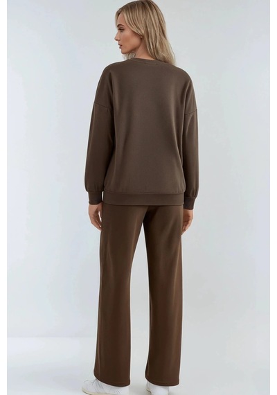 Fiolin Nakışlı Bisiklet Yaka Sweatshirt Ve Düz Paça Pantolon İkili Takım Kahve Rengi