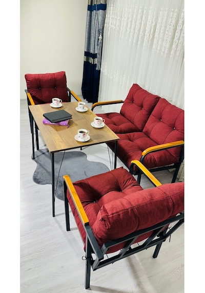 Madame Home Kadife Balkon, Bahçe,teras,cafe - Salon - Metal Kanepe Koltuk Takımı - 2+1+1 + Masa Bordo