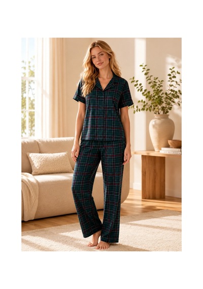 Rindahomewear Kadın Milan Kısa Kol Düğmeli Pijama Takımı Yeşil