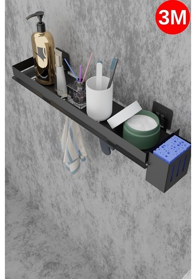 Yapışkanlı Siyah Mutfak Düzenleyici Banyo Düzenleyici Ve Askı Kancalı Banyo Rafı 3m Yapışkanlı Tasarım Mt87s Çok Renkli