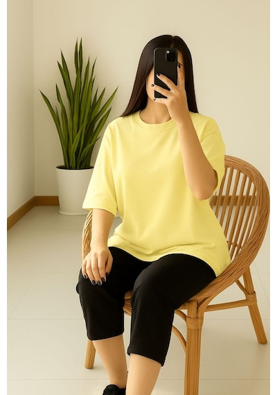 Düz Oversize Unisex Tişört Yb6 Sari
