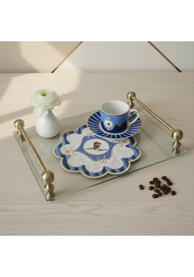 Mavi Yeşil Kırmızı 3 Lü Pip Studio Uyumlu Nakışlı Kuş Detaylı Kokteyl Sunum Peçetesi Seti 15x15cm Çok Renkli