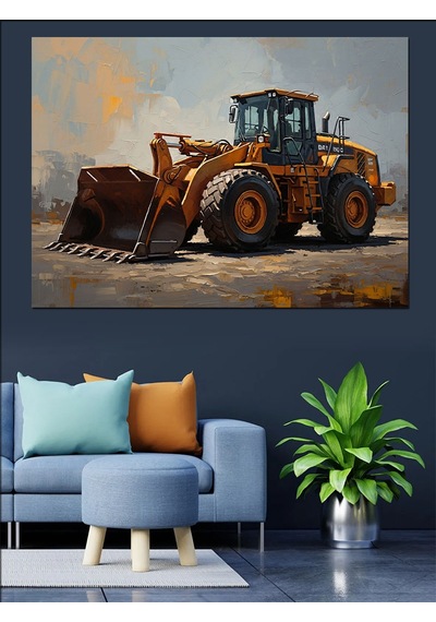Şantiyede Çalışan Modern Sarı Dozer Dekoratif Kanvas - Mdf Ahşap Tablo