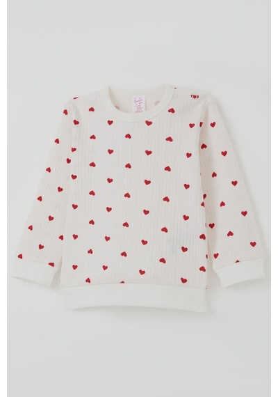 Breeze Kız Bebek Pijama Takımı Omuzdan Patlı Kalp Desenli 4 Ay-1 Yaş, Ekru Ekru