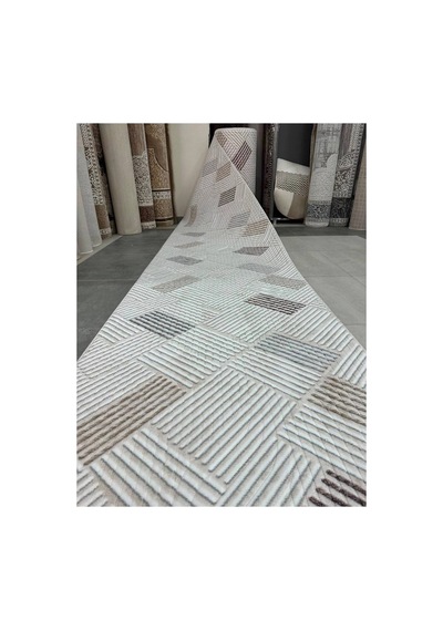Nesrin Modern Geometrik Çizgili Bej Vizon Koridor Yolluk & Salon Halısı - 3d Kabartma Dokulu Krem