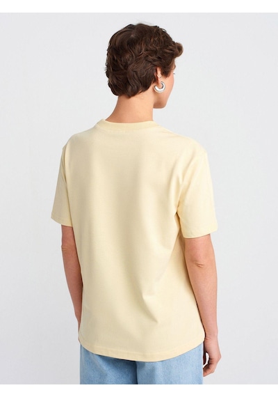 30312 Dekoratif Dikişli Bisiklet Yaka Tshirt-açık Sarı-4833 Açık Sarı