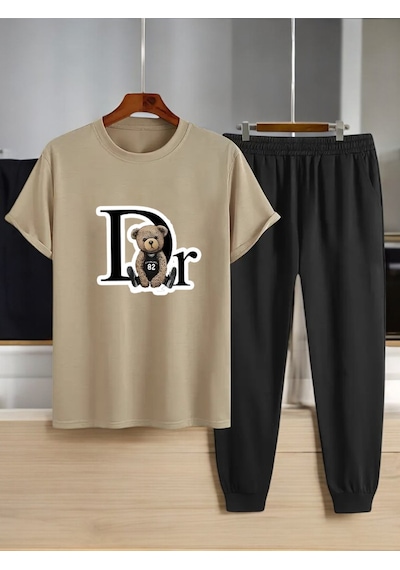 Uyguntarz Unisex Dr: Ayı Tasarım Basklı Tshirt Eşofman Takımı Bej