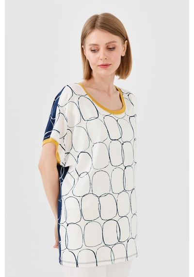 Kadın Yakası Ve Kolu Sarı Bantlı Penye T-shirt Laci/ekru Lacivert