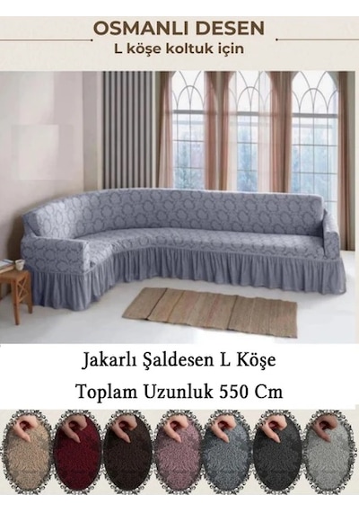 Upmall Jakarli Şal Desen 7 Kişilik L Köşe Koltuk Örtüsü, Esnek Koltuk Kılıfı, Osmanlı Desen 550cm Gri gri