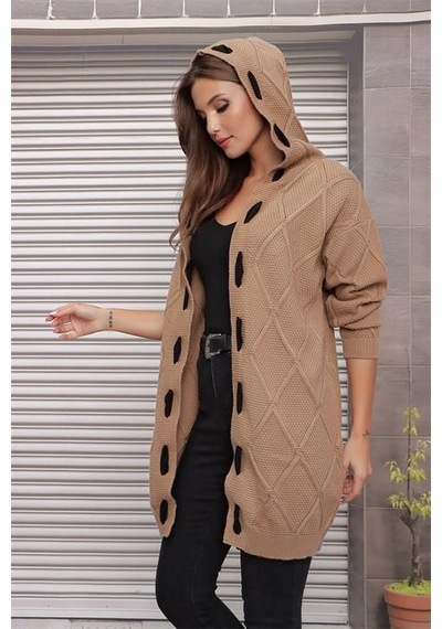 Aqe Fashion Kapüşonlu Kabartma Desenli Şerit Garnili Camel Hırka CAMEL Camel