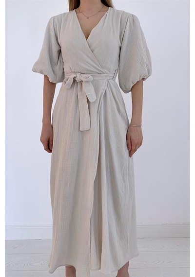 Elbee Fashion Woman Kuşaklı Müslin Elbise - Bej-7108