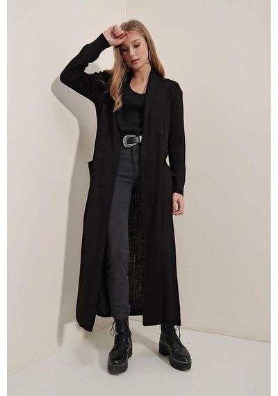 Onno Style Woman Spor Fitilli Uzun Hırka Siyah