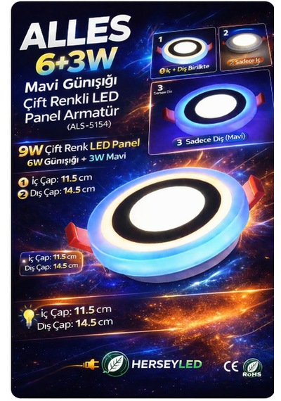 Alles 6+3w Mavi Günışığı Çift Renkli Led Panel Armatür Gün Işığı