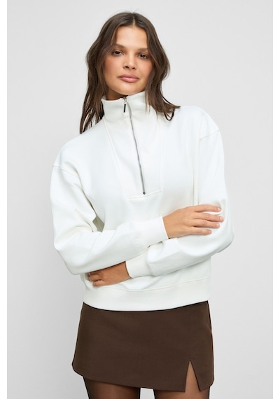 Grimelange Endora Kadın Yumuşak Polarlı Kumaşlı Yakası Fermuarlı Regular Ekru Sweatshirt Ekru