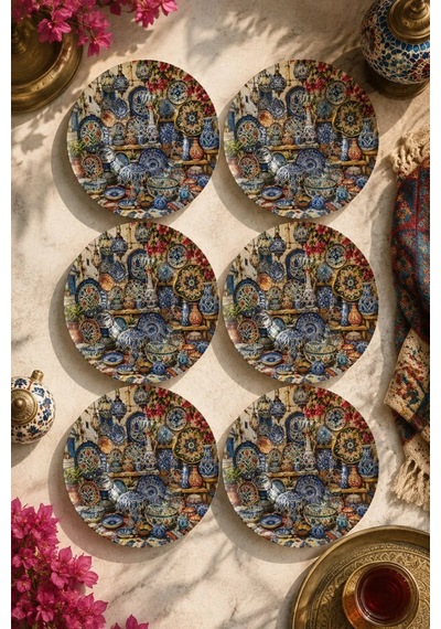 6 Lı Cam Çay Tabağı - Geleneksel Çini Ve Seramik Desenli 12 Cm - 6 Adet Çay Tabak Çok Renkli