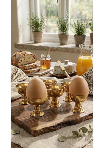 6'lı Gold Renk Metal Yumurtalık Seti- Şık Kahvaltı Sunumluk Yumurtalık- Yumurta Kabı Altın