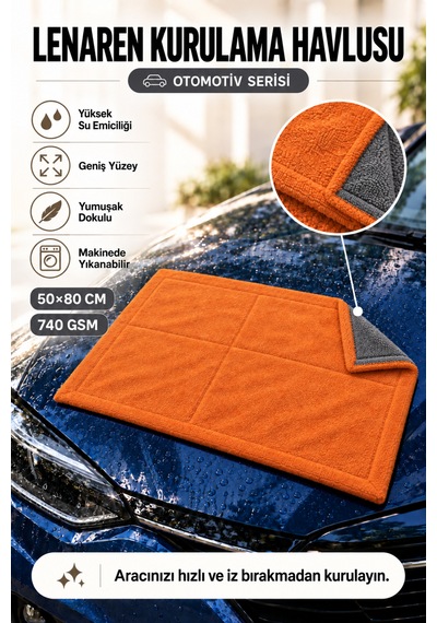 Lenaren 740 Gsm 50 80 Cm Oto Kurulama Havlusu Yüksek Emici Mikrofiber Bez