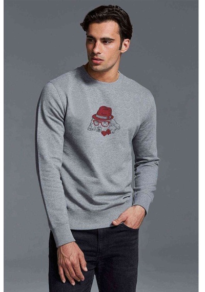 Kırmızı Şapka Ile Köpek Yay Ve Baskılı Gri Erkek Sweatshirt