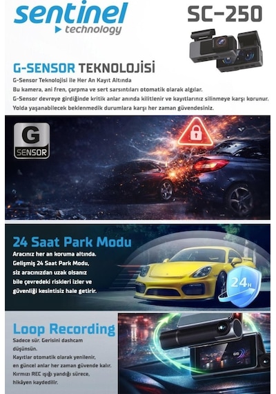 Sentinel Sc-250 4k Uhd Araç İçi Kamera Adas & Bsd, Wi-fi, Gps Opsiyonel, 170 Geniş Açı, 24 Saat Park Modu