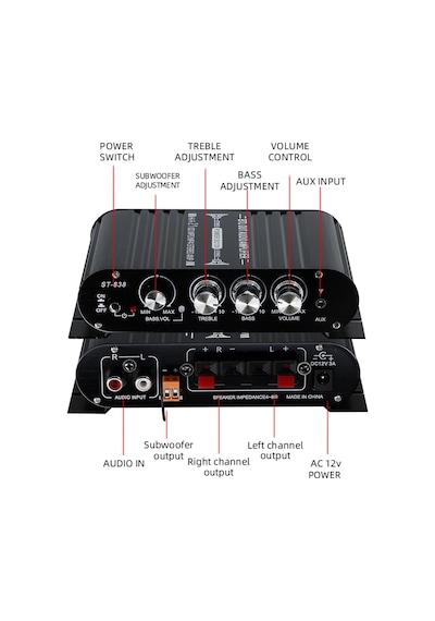 St-838 Hifi 2.1 Kanal Güç Amplifikatörü Bluetooth Uyumlu 5.0, 20wx2 Subwoofer Audio Amplifier Add Power Adapter