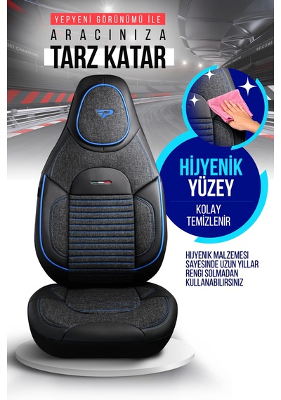 Füme - Mavi Panda Enzo Serisi Keten Kumaş Oto Koltuk Kılıfı - Tam Set