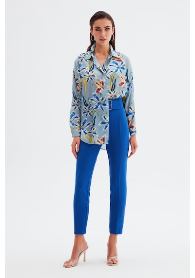 Sateen Yüksek Bel Kemerli Pantolon - İndigo-132324 İndigo