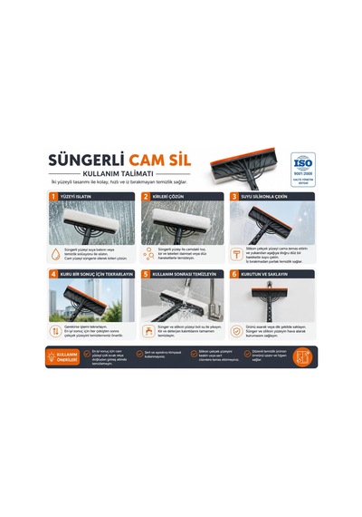 Süngerli Cam Sil Çift Taraflı Silikon Çekçekli Cam Temizleme Aparatı İz Bırakmayan Cam, Ayna, Duşakabin Ve Araç Camı Temizleyici Cam Silme Mopu Çek Pas