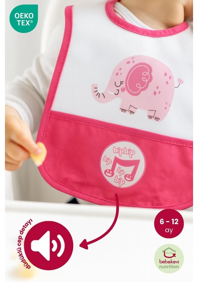Düdüklü Cepli Sıvama Mama Önlüğü - Mutlu Fil Pembe Bebek Önlüğü Koyu Pembe