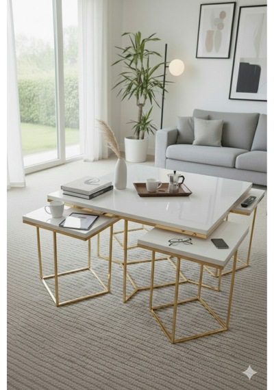 Usta Mekan Monza 5 Li Gold Beyaz 4+1 Kare Orta Sehpa Altın Usta Mekan Monza 5 Li Gold Beyaz 4+1 Kare Orta Sehpa Altın