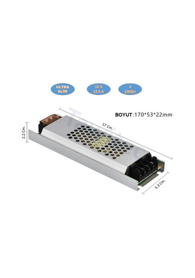 12 Volt Trafo Ultra Silim Alüminyum Kasa Adaptör 4 Çıkış 12.5 A