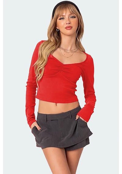 Seeh Kırmızı Önü Büzgülü Uzun Kollu Kadın Body Sh200