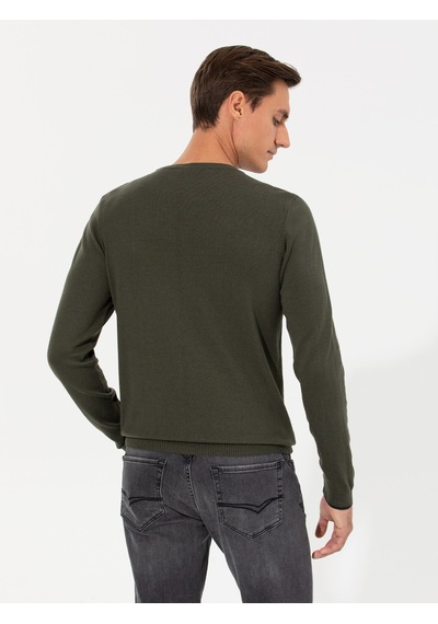 Cacharel Haki Slim Fit Bisiklet Yaka Basic Triko Kazak Yesıl