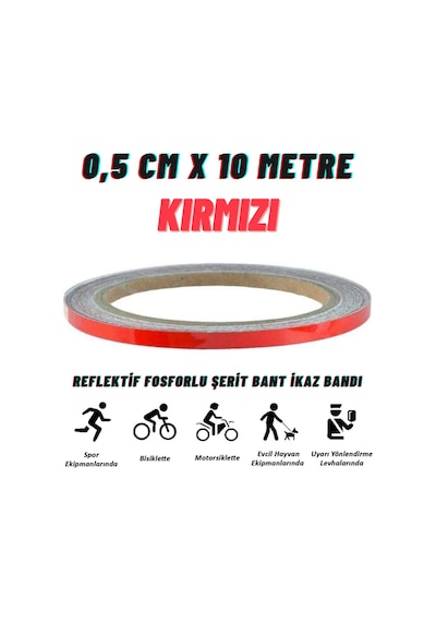 Carub Reflektif Fosforlu Şerit Bant 0,5 Cm X 10 Metre Kırmızı İkaz Bandı BR2405002