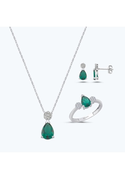 Altınbaş Yeşil Taşlı Altın Üçlü Damla Set Autk0035-b-24627-y-set