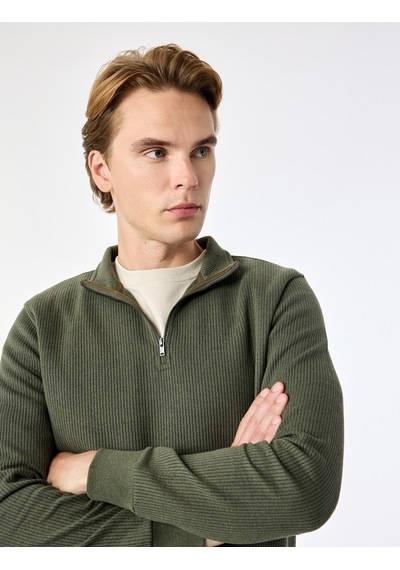Koton Regular Fit Uzun Kollu Fermuar Detaylı Dik Yaka Sweatshirt Haki 7wam70009mk